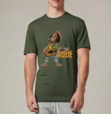 Веселый растаман с гитарой в яркой одежде REGGAE MUSIC Регги-музыка, Футболка мужская REGULAR темный хаки