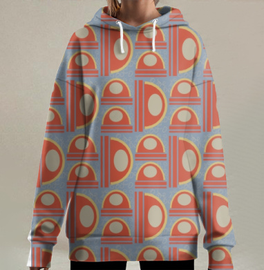 Геометрический узор красный и синий с абстрактными формами, Hoodie Long Oversize 3D
