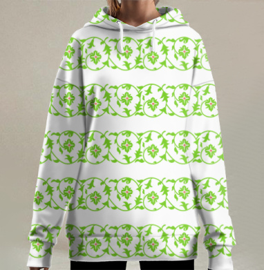 Зеленые цветочные узоры в круглых рамках с листьями, Hoodie Long Oversize 3D