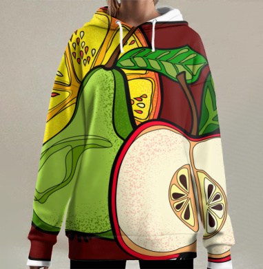 Яркая композиция груши, апельсина и яблока, Hoodie Long Oversize 3D