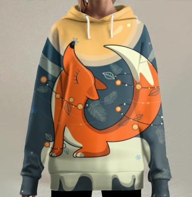 Лисица в гирляндах ловит снежинку в зимнюю ночь, Hoodie Long Oversize 3D