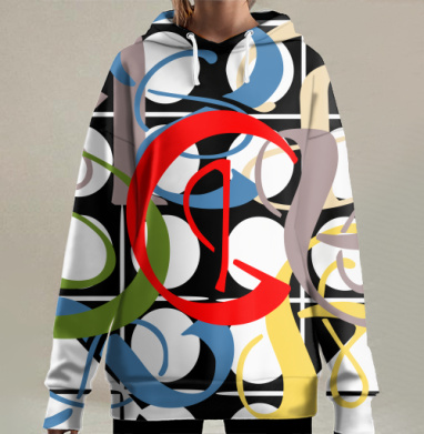 Абстрактная каллиграфия с красным акцентом и буквенным наложением, Hoodie Long Oversize 3D