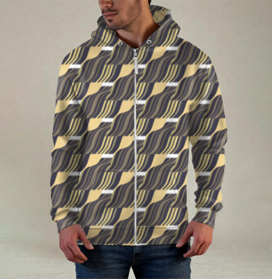 Abstract wave pattern / Абстрактный орнамент бежевый угольный узор, Толстовка мужская на молнии 3Д полная запечатка