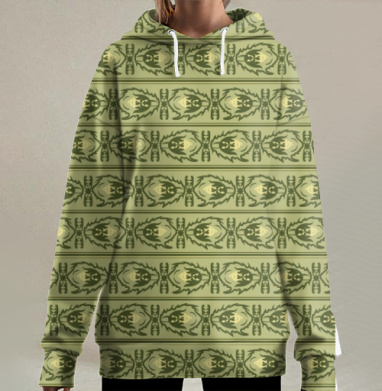 Зеленый оливковый этнический орнамент с природными узорами, Hoodie Long Oversize 3D