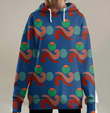 Синий орнамент с абстрактными оливками и красными акцентами, Hoodie Long Oversize 3D