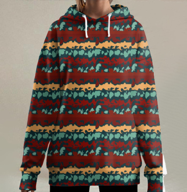 Полосатый листовой узор в бордовых и зеленых тонах, Hoodie Long Oversize 3D