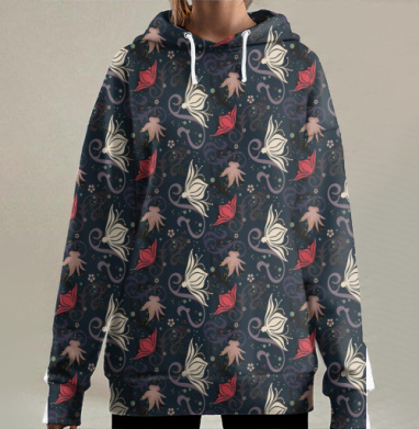 Элегантные бабочки плавный узор для текстиля, Hoodie Long Oversize 3D