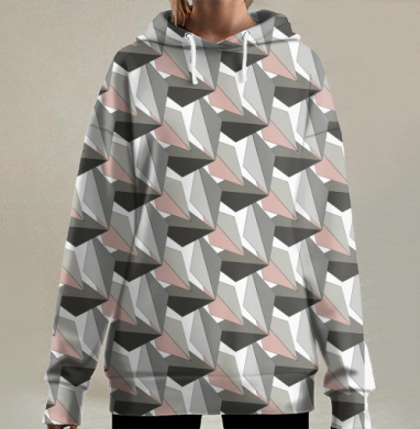 Геометрические объемные формы абстракция серый черный бежевый, Hoodie Long Oversize 3D