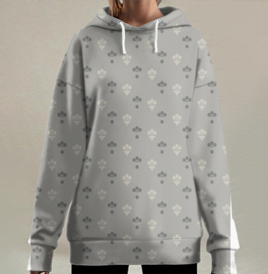 Классический цветочный узор с точками на сером фоне, Hoodie Long Oversize 3D