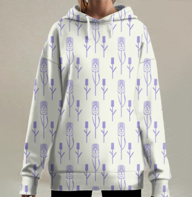 Стилизованный лавандовый цветок на белом фоне символ гармонии и покоя, Hoodie Long Oversize 3D