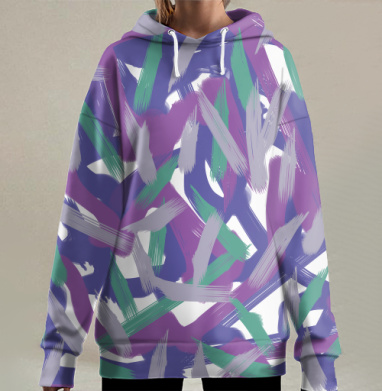 Динамичные мазки кисти в фиолетовых тонах синий зелёный и серый, Hoodie Long Oversize 3D