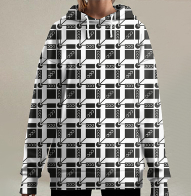 Черно белый геометрический орнамент с шахматной доской и домино, Hoodie Long Oversize 3D