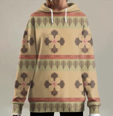 Традиционный геометрический узор с листовыми крестами на бежевом фоне, Hoodie Long Oversize 3D