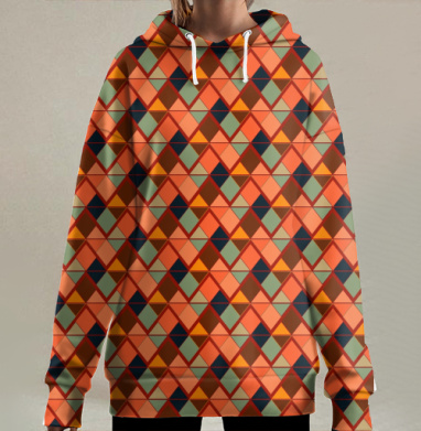 Геометрический орнамент в стиле ретро с контрастными цветами, Hoodie Long Oversize 3D