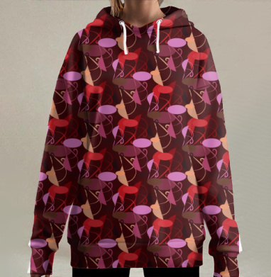 Абстрактные овальные формы в красных оттенках и бордовом фоне, Hoodie Long Oversize 3D