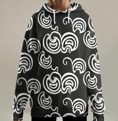 Чёрно белый узор с завитками и листами повторение, Hoodie Long Oversize 3D