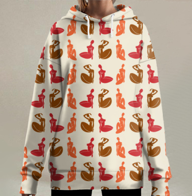 Силуэты женских фигур на узорном принте, Hoodie Long Oversize 3D