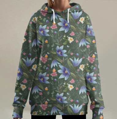 Декоративный паттерн с ботанической акварелью, Hoodie Long Oversize 3D