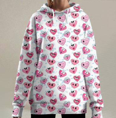Розовые сердца с лицами веселье и эмоции живые, Hoodie Long Oversize 3D