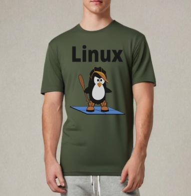 Стильный пингвин Linux в кепке и ботинках с битой, Футболка мужская REGULAR темный хаки