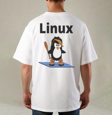 Стильный пингвин Linux в кепке и ботинках с битой, Футболка / Мужская / Оверсайз / С принтом на спине