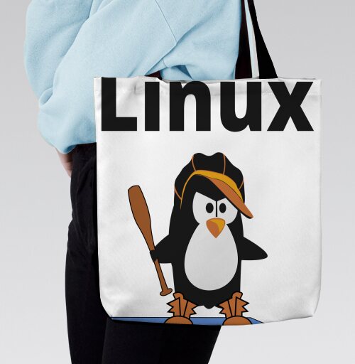 Стильный пингвин Linux в кепке и ботинках с битой, Сумка с ручкой и внутренним карманом на молнии