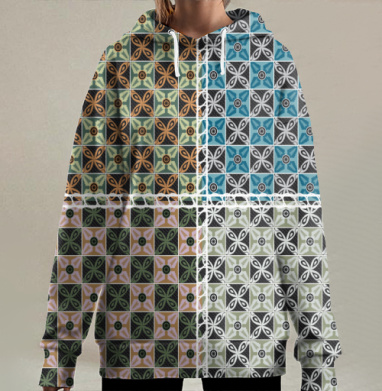 Ткань с этническим узором и цветочным мотивом, Hoodie Long Oversize 3D