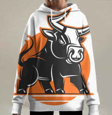 Мощный стильный логотип Быка с оранжевым фоном, Hoodie Long Oversize 3D