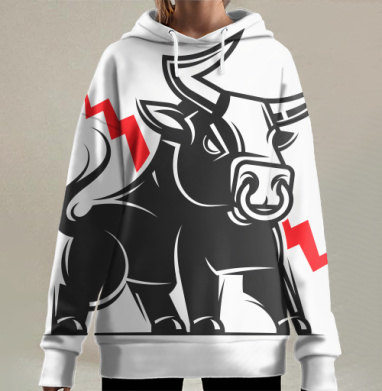 Мощный черный бык с красными молниями, Hoodie Long Oversize 3D