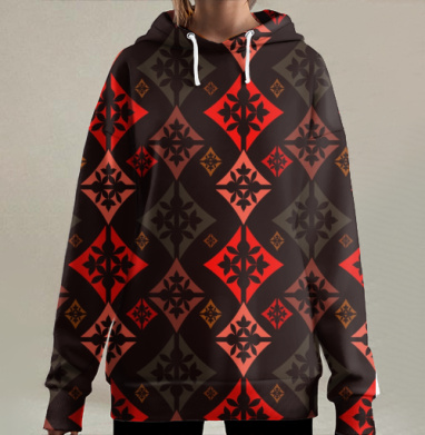 Текстиль с ярким геометрическим узором в красных тонах, Hoodie Long Oversize 3D
