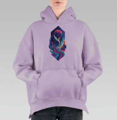 Футуристический синтвейв постер с дорогой в космос, Hoodie Oversize Fiolet, утепленная