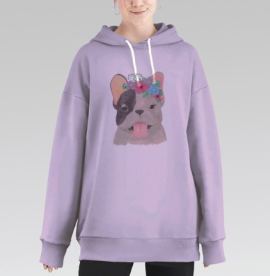 Акварельная улыбающаяся собака породы французский бульдог цветы, Hoodie Long Oversize Fiolet