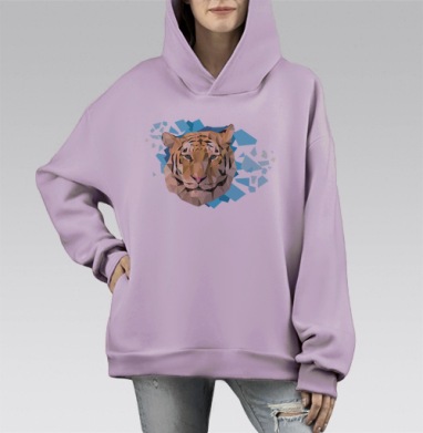 Низкополигональный портрет тигра в ледяных осколках, Hoodie Mono Fiolet, оверсайз, утепленная