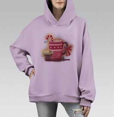 Зимний уют с горячим напитком и кексом, Hoodie Mono Fiolet, оверсайз, утепленная