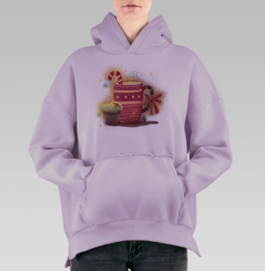 Зимний уют с горячим напитком и кексом, Hoodie Oversize Fiolet, утепленная