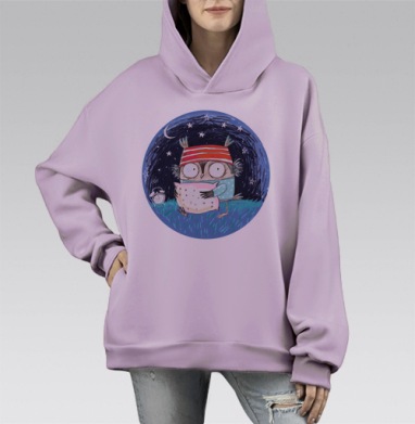 Милый совенок в ночной пижаме для сна и уюта, Hoodie Mono Fiolet, оверсайз, утепленная