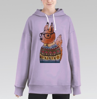 Белка-хипстер в уютном осеннем свитере, Hoodie Long Oversize Fiolet