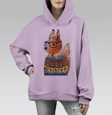 Белка-хипстер в уютном осеннем свитере, Hoodie Mono Fiolet, оверсайз, утепленная