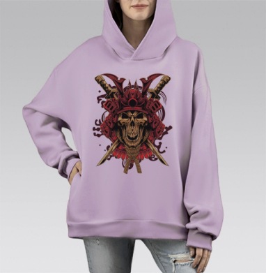 Череп самурая с катанами в боевом шлеме, Hoodie Mono Fiolet, оверсайз, утепленная
