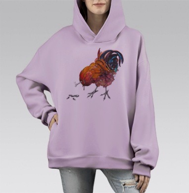 Сюрреалистичный рисунок петуха с метафорическим смыслом, Hoodie Mono Fiolet, оверсайз, утепленная