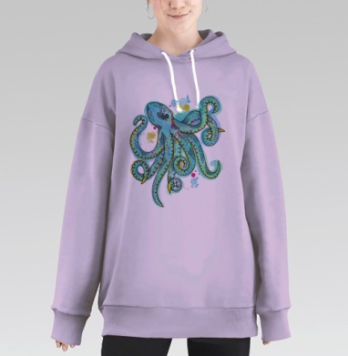 Яркий осьминог с неоновыми пятнами краски, Hoodie Long Oversize Fiolet