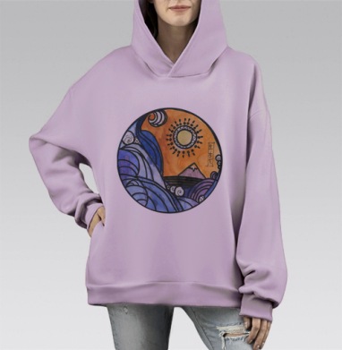 Восход Солнца над Фудзи и Бушующими Волнами, Hoodie Mono Fiolet, оверсайз, утепленная