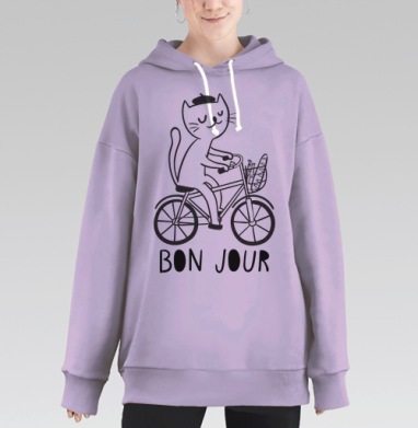 Кот-француз на велосипеде с багетом и береткой, Hoodie Long Oversize Fiolet
