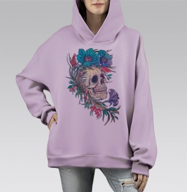 Циклы жизни: череп и яркие цветы, Hoodie Mono Fiolet, оверсайз, утепленная