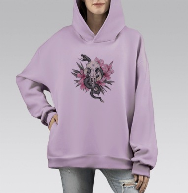 Череп ворона и змея на фоне олеандра, Hoodie Mono Fiolet, оверсайз, утепленная