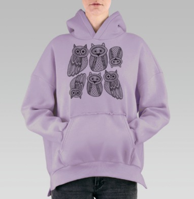 Черно-белые рисованые совы, Hoodie Oversize Fiolet, утепленная