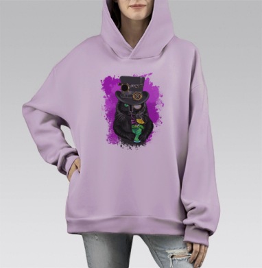 Стильный кот в стимпанк цилиндре с коктейлем, Hoodie Mono Fiolet, оверсайз, утепленная