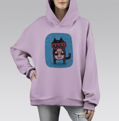 Coffee-cat, Hoodie Mono Fiolet, оверсайз, утепленная