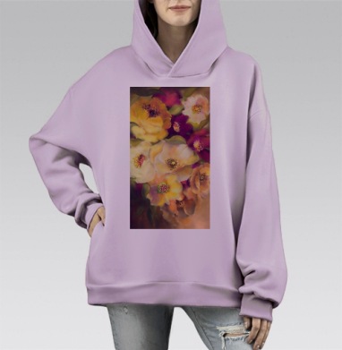 Пленительная картина цветущего сада в стиле батик, Hoodie Mono Fiolet, оверсайз, утепленная