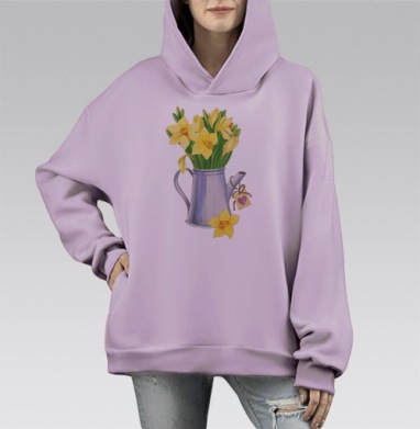 Весенняя композиция: желтые нарциссы в лейке с сердцем, Hoodie Mono Fiolet, оверсайз, утепленная